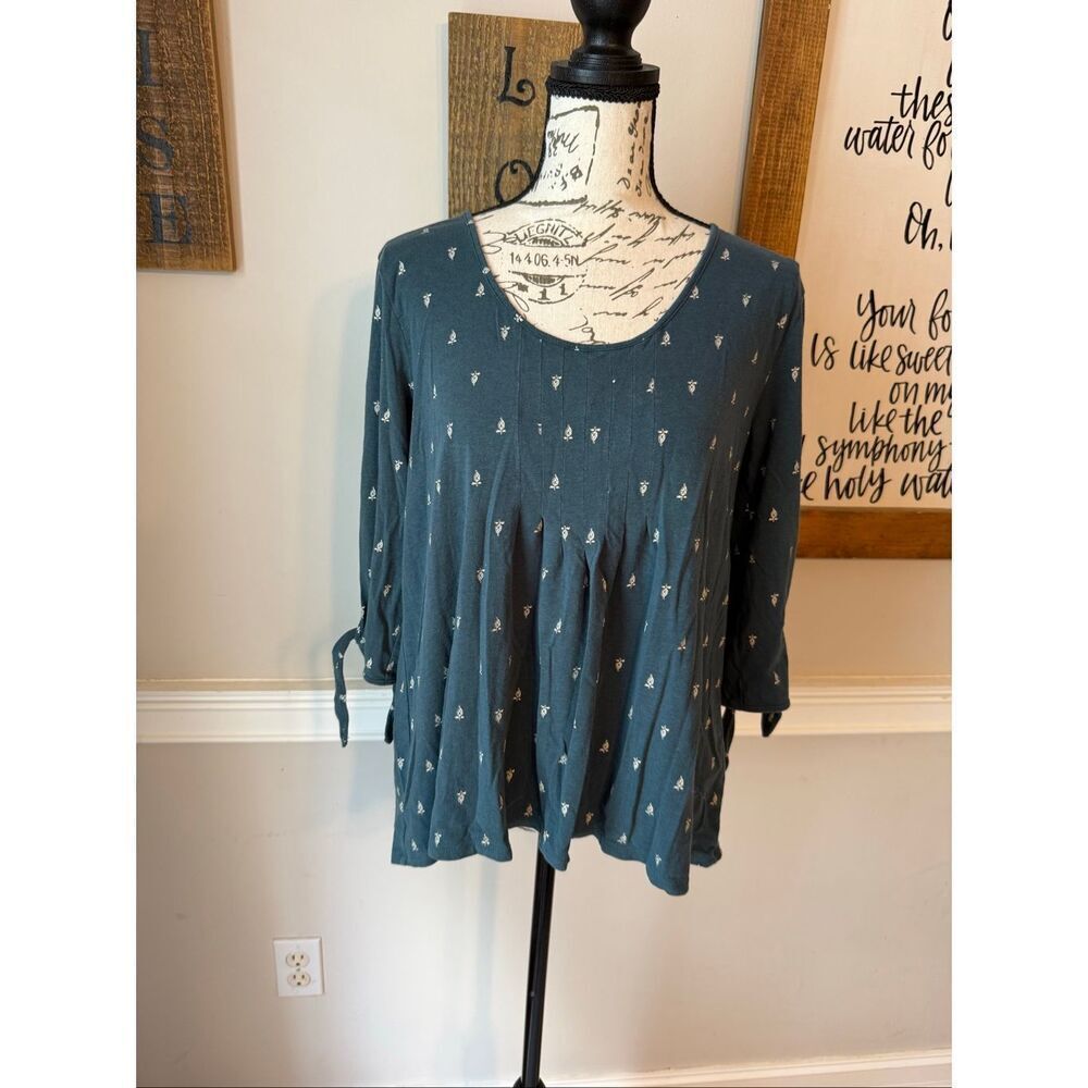 Garnet Hill Women's 3/4 Sleeve Popover Pintuck Tie Sleeve Blouse Dark Teal Small